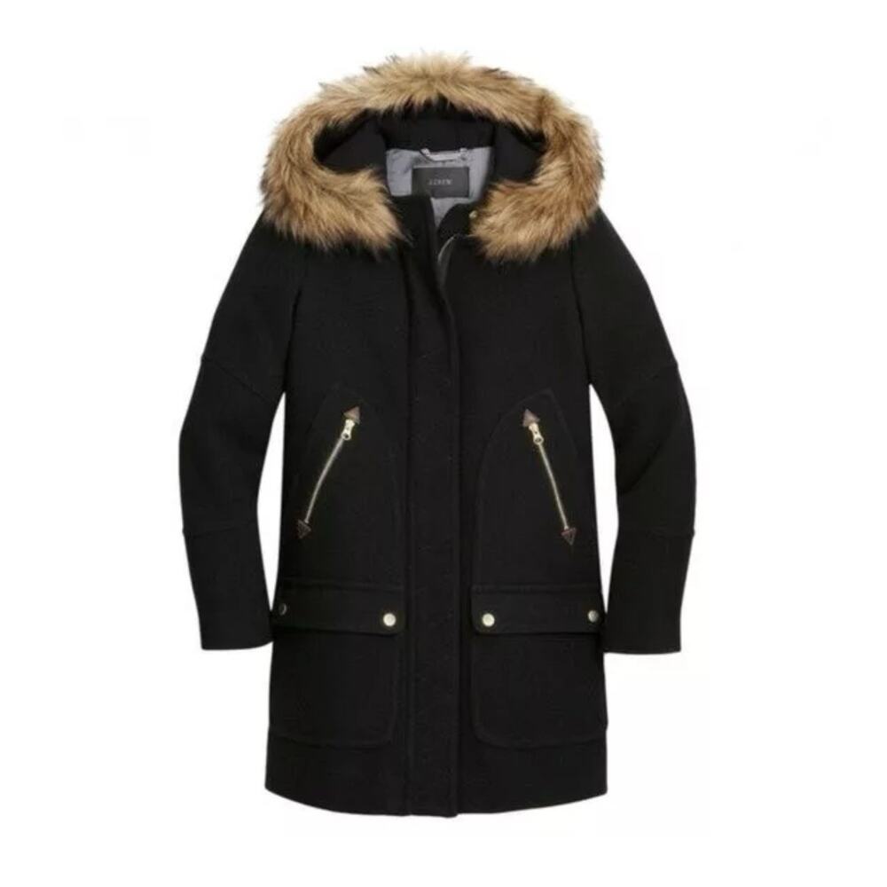 J. Crew Women's Italian Wool Stadium Long Sleeve Black Chateau Parka Size 2